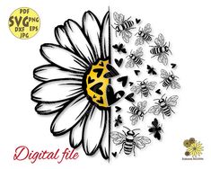 a flower with bees flying around it and the words digital file on top of it