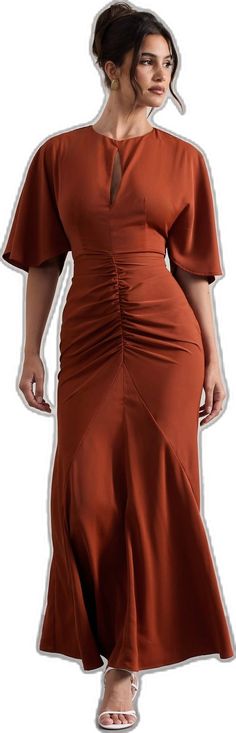 Elegant Brown Ruched Midi Dress, Formal Brown Ruched Midi Dress, Elegant Orange Maxi Dress For Brunch, Brown Ruched Maxi Dress For Fall, Flowy Brown Ruched Dresses, Elegant Orange Flowy Midi Dress, Elegant Orange Ruched Midi Dress, Elegant Flowy Orange Midi Dress, Fitted Orange Ruched Maxi Dress