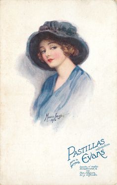 a drawing of a woman with a hat on her head and the words pastillas by eva evans