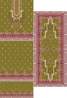 two different patterns in green, pink and white with flowers on the bottom left side