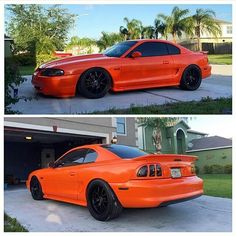 an orange car parked in front of a house next to another one with black rims