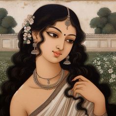 a painting of a woman with long black hair and jewelry on her head, wearing a white saree