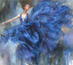 a painting of a woman in a blue dress flying through the air with her arms outstretched