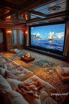 a large screen tv sitting on top of a wooden wall next to pillows and blankets