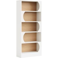 a white book shelf with three shelves on each side and two wooden sections in the middle