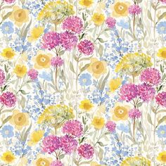 an image of colorful flowers on a white background with blue, yellow and pink colors