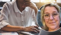 a woman sitting at a desk with a laptop computer in front of her, and an image of the person behind her