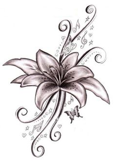 a drawing of a flower with swirls and hearts on it's side,