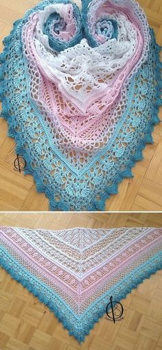 two pictures show the same crocheted shawl with different colors and shapes on it