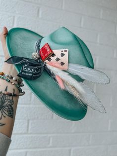 Hat comes with everything you see in photo (accessories MAY vary slightly due to supply).  Hat is adjustable and fits head sizes 18"-24". Trendy Hats For Kentucky Derby Festival, Trendy Green Hat For Festival, Trendy Green Hat For Festivals, Trendy Green Festival Hat, Bohemian Beaded Turquoise Hat, Turquoise Beaded Bohemian Hat, Bohemian Green Hats For Rodeo, Green Bohemian Hat For Rodeo, Green Bohemian Rodeo Hat