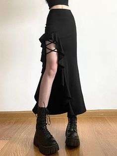 High Waist Irregular Split Goth Skirt - AnotherChill Goth Skirt, Long Skirt Casual, Girl Punk, Mid Skirt, Clothes Korean Style, Black Punks, High Waisted Maxi Skirt, Ankle Length Skirt, Skirt Y2k