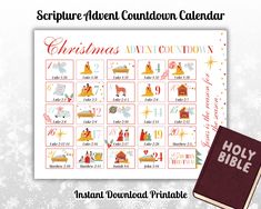 a christmas calendar with the words, bibles and symbols on it next to snowflakes