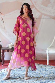 Shades of pink, wine kaftan dress with floral woven motifs, mirror, resham embroidery. Paired with slip. - Aza Fashions Party Kaftan In Chanderi With Dabka Work, Party Kaftan With Dabka Work On Chanderi Fabric, Party Kaftan With Dabka Work In Chanderi, Festival Chanderi Kaftan For Party, Bollywood Summer Dresses With Pallu, Festival Chanderi Kaftan With Mirror Work, Pink Silk Dress With Dabka Work, Festive Chanderi Kaftan For Parties, Long Pink Kaftan For Party