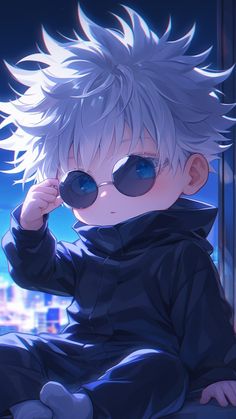 a boy with white hair and sunglasses sitting in front of a window