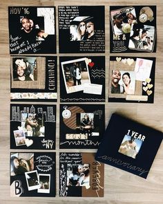 a couple's wedding album is displayed on a table with other pictures and photos