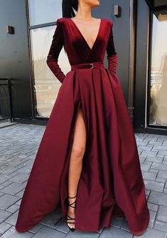 [$128.00] A-line V Neck Strapless Long/Floor-Length Satin Velvet Prom Dress With Waistband Split Prom Dresses Long Burgundy, Burgundy Evening Gown, Split Prom Dresses, Evening Dress Long, Velvet Prom Dress, V Neck Prom Dresses, Womens Prom Dresses, Long Sleeve Evening Dresses, Formal Party Dress