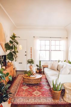 a woman standing in the middle of a living room with plants and rugs on the floor