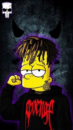 the simpsons is wearing a black shirt with horns on it's head and has his hand in his mouth