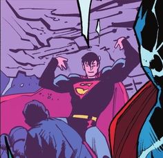 a comic book page with superman and batman's face in the background, one man is