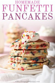 homemade funfetti pancakes with sprinkles and white frosting on a plate