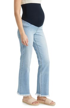 Keep your style relaxed in these full-length, low-stretch jeans made with a stretchy over-the-bump waistband for secure support throughout each trimester. 32" inseam; 15 1/2" leg opening 99% cotton, 1% spandex Machine wash, tumble dry Imported Maternity Boot Cut Jeans, Maternity Straight Leg Bottoms, Denim Maternity Wear Bottoms, Bump Friendly Straight Leg Maternity Bottoms, Maternity Wear Straight Leg Bottoms, Bump-friendly Straight Leg Maternity Bottoms, Bump Friendly Maternity Bottoms With Straight Leg, Maternity Denim Bottoms Bump Friendly, Bump Friendly Maternity Denim Jeans