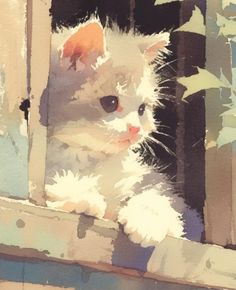 a painting of a kitten looking out the window