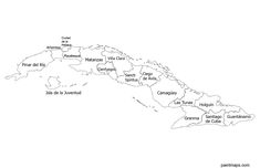 a map of cuba with all the major cities and their names in black ink on a white background