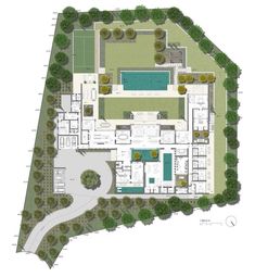 an aerial view of the ground plan for a house with swimming pool and garden area