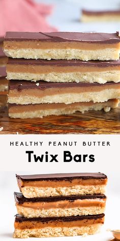 the healthy peanut butter twix bars are stacked on top of each other