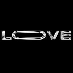 the word love written in silver on a black background