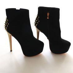 - Brand New - Faux Suede - 6.5" Heels - 2" Platform - Gold Zipper - Gold Studs - Condition: Sold As Pictured Trendy Spiked Platform Boots For Party, Suede High Ankle Platform Boots For Party, Suede High Heel Boots For Party, Black Platform Boots With Spikes For Party, Suede Platform Boots For Party, Spiked Winter Platform Boots For Party, Winter Party Platform Boots With Spikes, Studded Party Platform Boots With Round Toe, Studded High Heel Platform Boots For Party