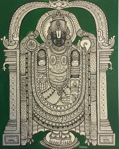 an intricately designed painting on green paper with white and black accents, depicting the god