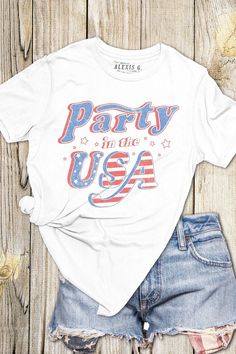 PARTY IN THE USA GRAPHIC TEE Our Shirts are Authentically Designed and Hand Screen Printed for Best Quality *Process where the ink is dyed into the shirt and graphic will not peel away -Proudly Hand Pressed in Los Angeles, CA. -30 Singles. 100% Washed Cotton -Comfortable and Very Soft -Style by Rolling up the Sleeves, Tie a Side Knot, Front Tuck... SIZE AND FIT *Please refer to the last photo option for measurements WASHING AND CARE -Machine Wash with Like Colors -Tumble Dry Low -Do Not Bleach - Party In The Usa Shirt, Usa Graphic Tee, 4th Of July Graphic Tees, Fourth Of July Shirts For Women, Party In The Usa Outfit, Usa T Shirt, Usa Shirts, America Shirts, Party In The Usa