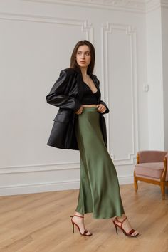 Silk Skirt Olive Maxi Long Skirt Trendy Woman Silk Armani | Etsy Satin Maxi Skirt For Workwear, Green Maxi Skirt For Work, Spring Maxi Length Satin Skirt, Spring Satin Maxi Skirt, Green Flowy Formal Skirt, Spring Formal Silk Maxi Skirt, Formal Green Flowy Skirt, Elegant Full-length Spring Skirt, Elegant Full-length Skirt For Spring