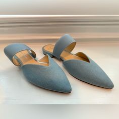 Never Worn Flats By Jessica Simpson. Very Comfortable. Light Blue. Blue Flat Heel Mules For Spring, Casual Blue Mules With Flat Heel, Casual Blue Flat-heel Mules, Casual Blue Flat Mules, Chic Blue Mules For Spring, Blue Mules With Removable Insole For Spring, Blue Slip-on Flats With Almond Toe, Blue Pointed Toe Flats With Removable Insole, Blue Flat Mules For Spring