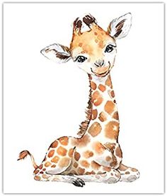 a watercolor painting of a baby giraffe sitting in front of a white background