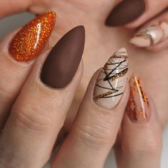 This nail design combines glitter and matte finishes to create a striking autumn look. The mix of warm brown tones, glitter, and matte textures makes these nails perfect for the fall season. The stiletto shape adds an extra touch of drama and sophistication.   Photo credit by: @dannisdigits Burnt Orange Nails Designs, Burnt Orange Nails Fall, Ongles Halloween, Mom Nails, Crystal Tips, Glossy Nails, Copper Nails