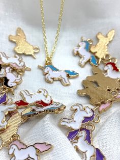 Multicolor Unicorn Print Jewelry For Gift, White Unicorn Print Jewelry For Gifts, White Unicorn Print Jewelry For Gift, Whimsical White Charm Necklaces, Whimsical White Charm Necklace, Gold Novelty Charm Necklaces For Gifts, Gold Novelty Charm Necklace For Gifts, Unicorn Jewelry, Unicorn Charm