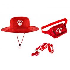 a red hat, fanny bag and lanyard with white cross on it