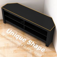 a large black shelf with gold trimmings on it and the words unique shape above it