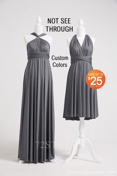 two dresses on mannequins, one in grey and the other in gray