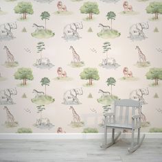 Geo Wild Wallpaper In Room With Small Nursery Grey Chair Wild Wallpaper, Seaside Wallpaper, Tropical Art Deco, Whimsical Nursery, Soft Watercolor, Boho Wallpaper, Jungle Wallpaper, Cute Watercolor, Tropical Wallpaper