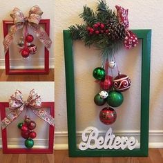 three frames with ornaments hanging on them and the word believe spelled in white lettering below