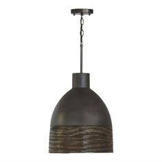 an industrial style pendant light hanging from a chain on a white wall with a black and brown shade