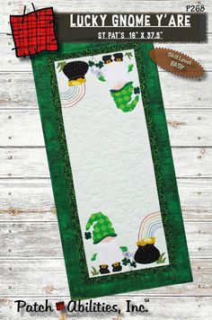 the lucky gnome y'are quilt pattern is displayed on a wooden background with text that reads