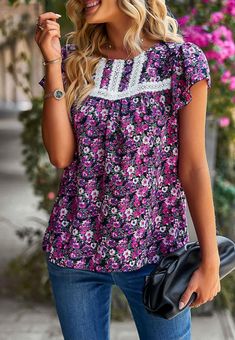 The EMES SHOP blouse is detailed with feminine lace details. Features floral prints. round neck line. flutter sleeves. and flowy fit. Pair it with distressed jeans and sandals for a juxtaposing look.MATERIAL:100% PolyesterMEASUREMENTS: Product Length 25"-26.5"in 4-6-Small | Waist: 25"-26.5"in | Chest: 33"-34.5"in 6-8-Medium | Waist: 26.5"-28"in | Chest: 34.5"-36"in 8-10-Large | Waist: 28"-29.5"in | Chest: 36"-37.5"in 10-12-X-Large | Waist: 29.5"-31"in | Chest: 37.5"-39"in MEASUREMENTS: Product L Floral Blouses, Ruffle Shorts, Lightweight Tops, Floral Short, Loose Blouse, Floral Print Blouses, Print Blouse, Small Waist, Lace Blouse