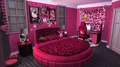 a bedroom decorated in pink and leopard print