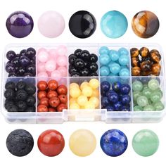 an assortment of beads in a plastic container