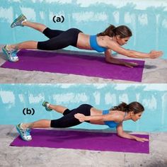 a woman doing an exercise on a purple mat