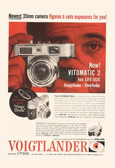 an advertisement for the voiglander camera with a man holding a camera in front of his face